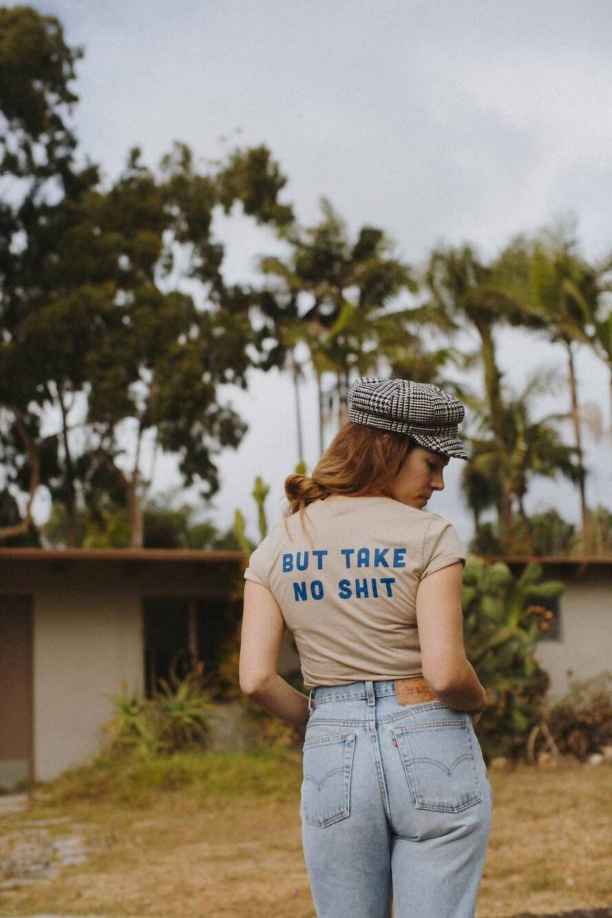 NEW THE BEE & THE FOX do no harm + but take no shit top in beige